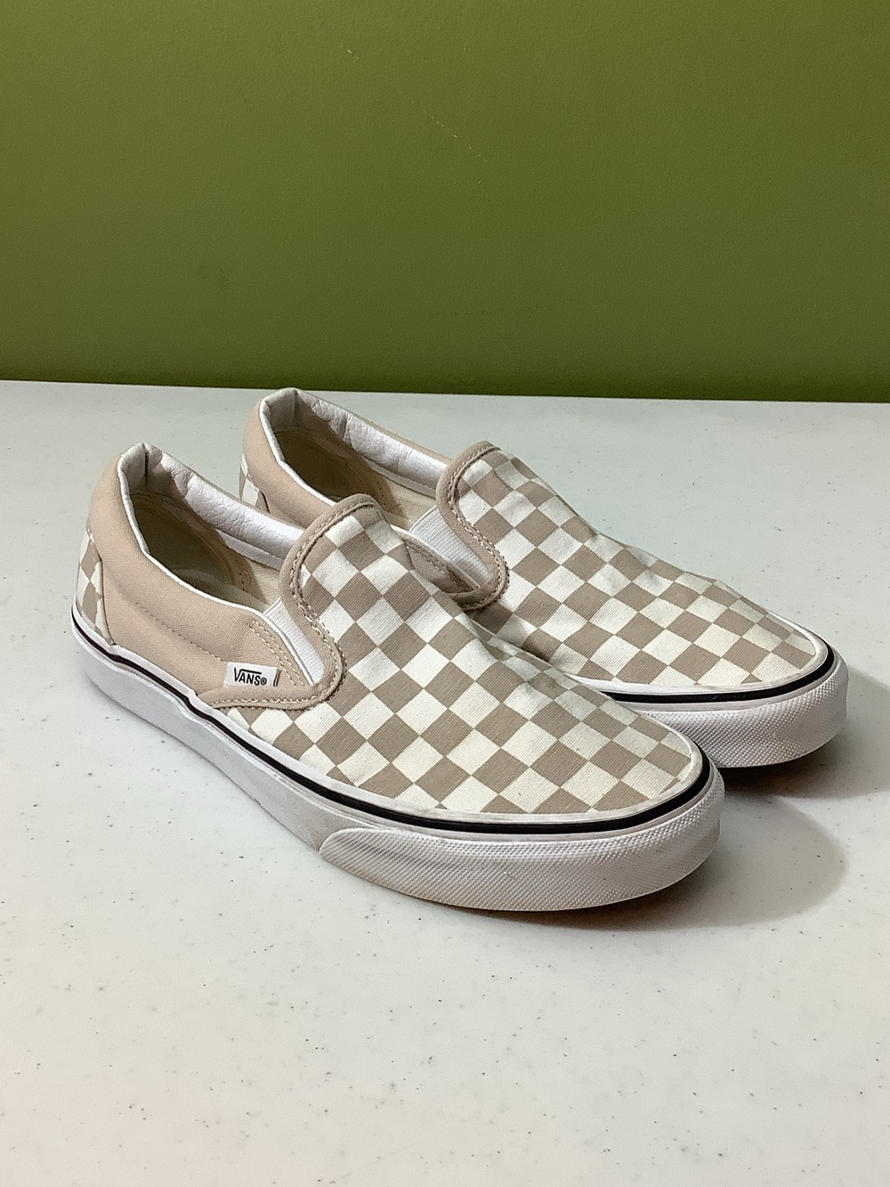 Vans beige canvas checkerboard slip ons, men’s 7.5/women’s 9